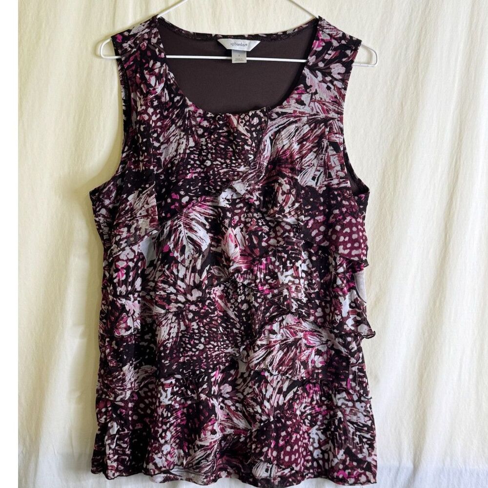 Christopher & Banks Top Blouse Sleeveless Tiered Ruffled Front Floral Sz X (14W)